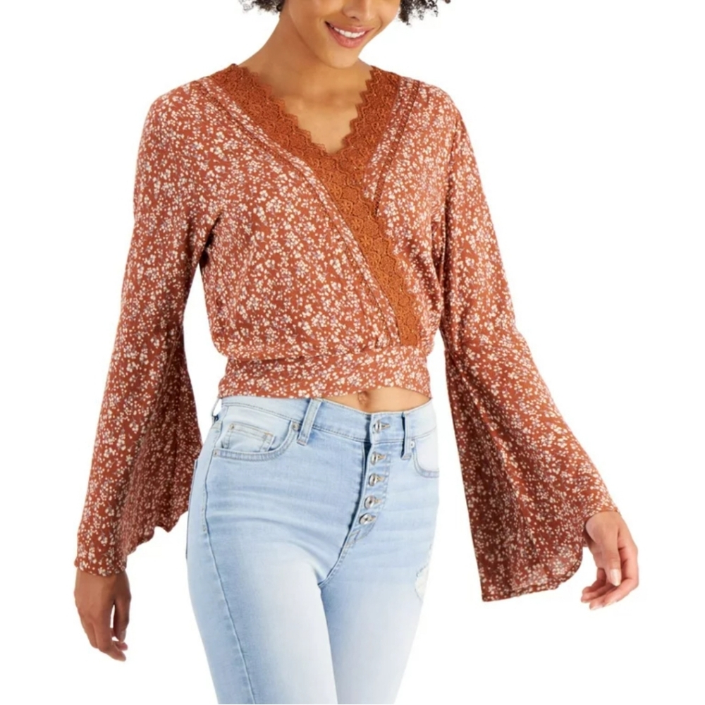 Just Polly Brown Floral Bell Sleeve Top Size Large